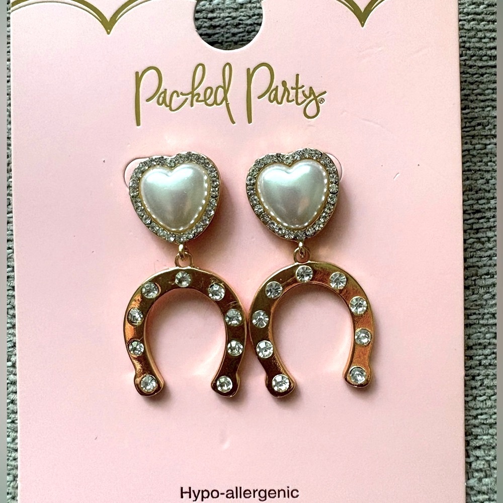 Packed Party Crystal Heart and Horseshoe   Earrings with Rhinestones- New